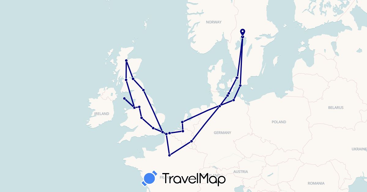 TravelMap itinerary: driving in Belgium, Germany, Denmark, France, United Kingdom, Isle of Man, Netherlands, Sweden (Europe)