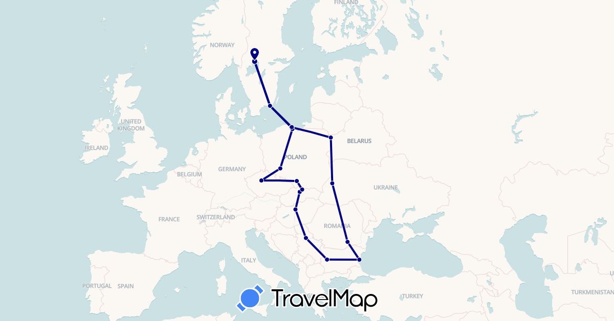 TravelMap itinerary: driving in Bulgaria, Belarus, Czech Republic, Hungary, Poland, Romania, Serbia, Sweden, Slovakia, Ukraine (Europe)